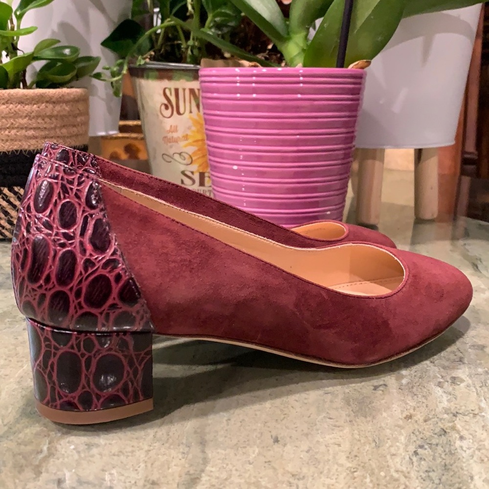 J. Crew Burgundy Suede/Croc Heels, Size 8, Heel Height 1.5”